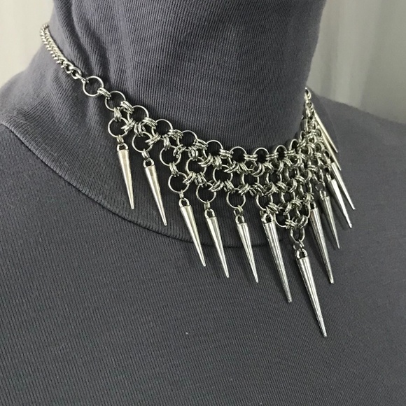 Gothic Tribal Silver Warrior Chainmail Spike Handmade Adjustable Choker Necklace - Picture 10 of 15